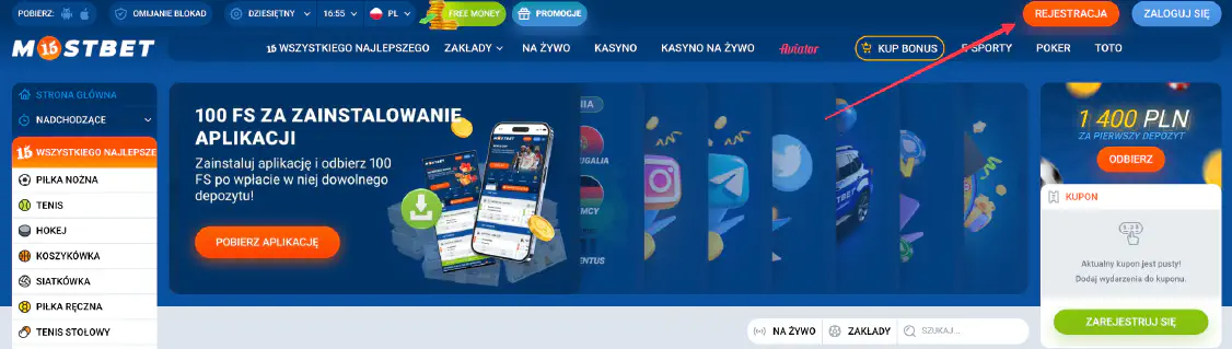 Przycisk wezwania do rejestracji w Mostbet