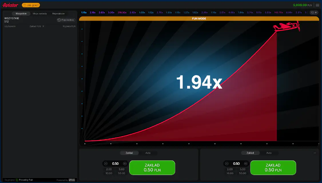 Interfejs gry Aviator w Mostbet