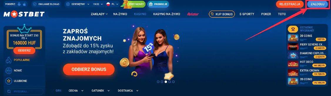 Przycisk logowania Mostbet