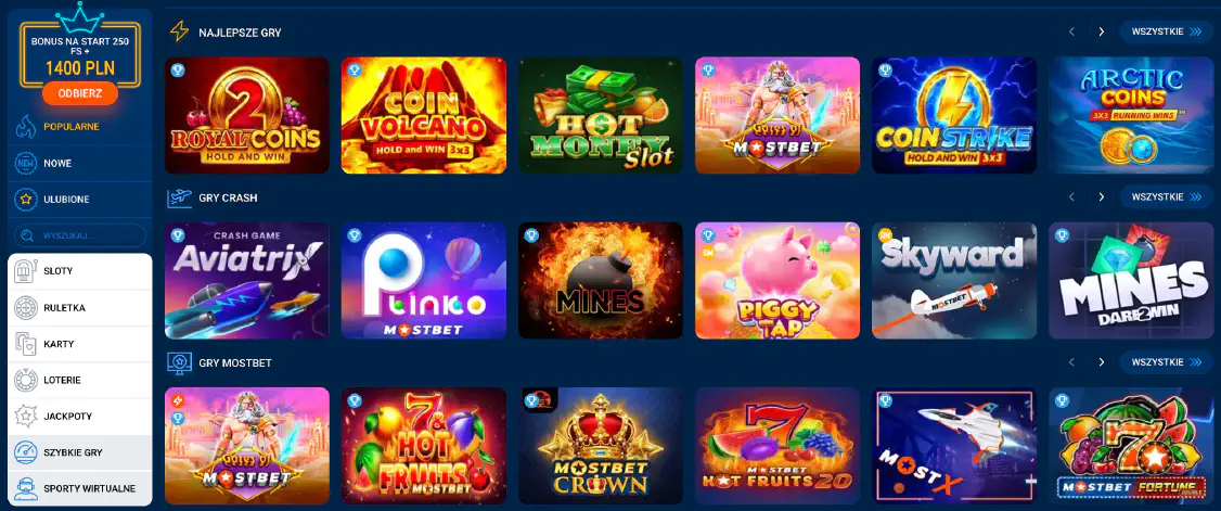 Interfejs kasyna online Mostbet